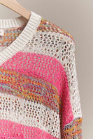 Mello. - V Neck Multi Stripe Crochet Sweater: S / Multi-Pink