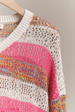 Mello. - V Neck Multi Stripe Crochet Sweater: M / Multi-Pink