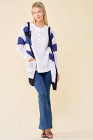 Doe and Rae - Multi Stripe Hoodie Cardigan - 10138J: M / Navy/Sunlight