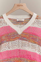 Mello. - V Neck Multi Stripe Crochet Sweater: M / Multi-Pink