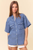 Doe and Rae - SHORT SLEEVE OVERSIZED DENIM BUTTON DOWN SHIRT - 43949T: DK.DENIM / M