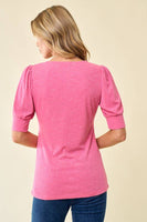 Doe and Rae - U-Ring Neck Puff Sleeve Rib Knit Top - 43084T: M / Fuchsia