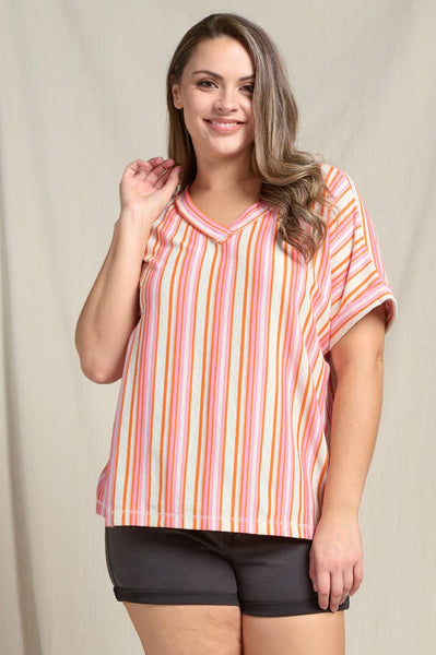 Doe and Rae - Textured Multi-Striped V-Neck Rolled Up Sleeve - 44470TPL: ORANGE MIX / 2X