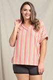 Doe and Rae - Textured Multi-Striped V-Neck Rolled Up Sleeve - 44470TPL: ORANGE MIX / 1X