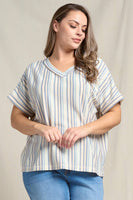 Doe and Rae - Textured Multi-Striped V-Neck Rolled Up Sleeve - 44470TPL: ORANGE MIX / 3X