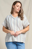 Doe and Rae - Textured Multi-Striped V-Neck Rolled Up Sleeve - 44470TPL: ORANGE MIX / 1X