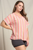 Doe and Rae - Textured Multi-Striped V-Neck Rolled Up Sleeve - 44470TPL: ORANGE MIX / 3X