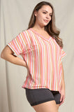 Doe and Rae - Textured Multi-Striped V-Neck Rolled Up Sleeve - 44470TPL: ORANGE MIX / 2X