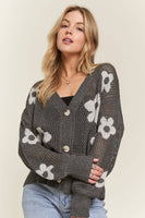 ADORA LA - CESW3607 - LIGHTWEIGHT FLORAL SWEATER CARDIGAN: S / CHARCOAL