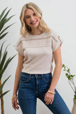 Blu Pepper - SHORT TAB SLEEVE LACE TRIM CRINKLE KNIT BLOUSE: LIGHT TAUPE