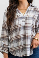 Blu Pepper - COLLARED PLAID SPLIT NECK TOP: DUSTY GREEN MULTI