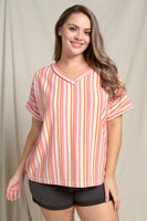 Doe and Rae - Textured Multi-Striped V-Neck Rolled Up Sleeve - 44470TPL: ORANGE MIX / 1X