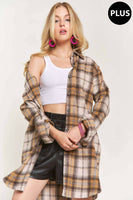 ADORA LA - CEJ2587AX - PLUS SIZE BUTTON DOWN PLAID SHACKET: 1XL / PINK