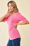 Doe and Rae - U-Ring Neck Puff Sleeve Rib Knit Top - 43084T: L / Fuchsia