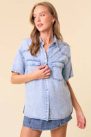 Doe and Rae - SHORT SLEEVE OVERSIZED DENIM BUTTON DOWN SHIRT - 43949T: DK.DENIM / L