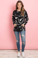 Perfect Peach - PPT2093-KANGAROO POCKET TIE DYE LONG SLEEVE TOP: S / BLACK