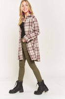 ADORA LA - CEJ2587A - BUTTON DOWN PLAID SHACKET: L / PINK