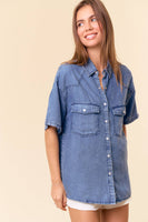 Doe and Rae - SHORT SLEEVE OVERSIZED DENIM BUTTON DOWN SHIRT - 43949T: DK.DENIM / L