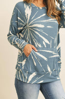 Perfect Peach - PPT2093-KANGAROO POCKET TIE DYE LONG SLEEVE TOP: M / TEAL