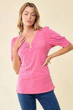 Doe and Rae - U-Ring Neck Puff Sleeve Rib Knit Top - 43084T: M / Fuchsia