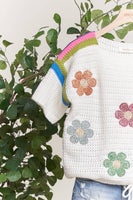 Mello. - Short Sleeve Sweater with Daisy Embroidery: M / Ivory