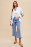 anniewear - EMBROIDERED SLEEVE BUTTON DOWN LOOSE FIT SHIRT_AT1765: S / OFF WHITE