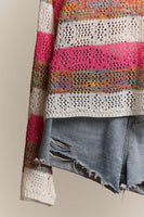 Mello. - V Neck Multi Stripe Crochet Sweater: S / Multi-Pink