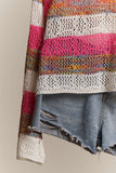 Mello. - V Neck Multi Stripe Crochet Sweater: L / Multi-Pink