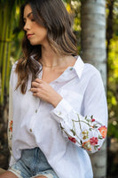 anniewear - EMBROIDERED SLEEVE BUTTON DOWN LOOSE FIT SHIRT_AT1765: S / OFF WHITE