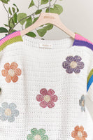 Mello. - Short Sleeve Sweater with Daisy Embroidery: M / Ivory