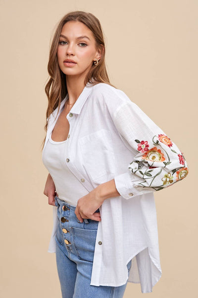 anniewear - EMBROIDERED SLEEVE BUTTON DOWN LOOSE FIT SHIRT_AT1765: M / OFF WHITE