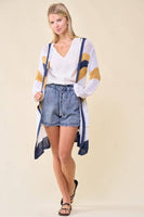 Doe and Rae - Multi Stripe Hoodie Cardigan - 10138J: L / Navy/Sunlight