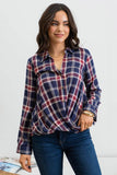 Blu Pepper - PLAID BUTTON DOWN WRAP FRONT TOP: NAVY MULTI