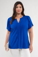 Blu Pepper - PLUS DRAPE SLEEVE SPLIT NECK TOP: ROYAL BLUE