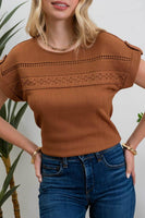 Blu Pepper - SHORT TAB SLEEVE LACE TRIM CRINKLE KNIT BLOUSE: LIGHT TAUPE