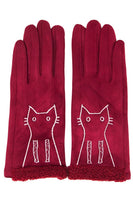 Embroidery cat solid smart touch gloves: Pink