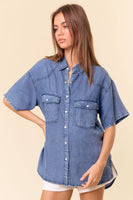 Doe and Rae - SHORT SLEEVE OVERSIZED DENIM BUTTON DOWN SHIRT - 43949T: DK.DENIM / M