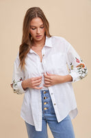 anniewear - EMBROIDERED SLEEVE BUTTON DOWN LOOSE FIT SHIRT_AT1765: L / OFF WHITE