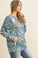 Perfect Peach - PPT2093-KANGAROO POCKET TIE DYE LONG SLEEVE TOP: M / TEAL