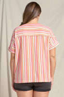 Doe and Rae - Textured Multi-Striped V-Neck Rolled Up Sleeve - 44470TPL: ORANGE MIX / 3X