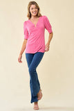 Doe and Rae - U-Ring Neck Puff Sleeve Rib Knit Top - 43084T: L / Fuchsia