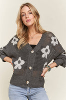 ADORA LA - CESW3607 - LIGHTWEIGHT FLORAL SWEATER CARDIGAN: L / CHARCOAL