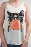 SM WARDROBE - Cat Blowing Bubble Gum Tank Top: OFF WHITE / 2M