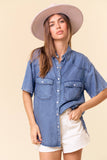 Doe and Rae - SHORT SLEEVE OVERSIZED DENIM BUTTON DOWN SHIRT - 43949T: DK.DENIM / L