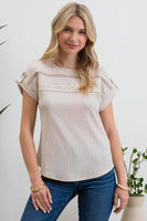 Blu Pepper - SHORT TAB SLEEVE LACE TRIM CRINKLE KNIT BLOUSE: LIGHT TAUPE