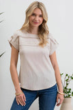 Blu Pepper - SHORT TAB SLEEVE LACE TRIM CRINKLE KNIT BLOUSE: LIGHT TAUPE