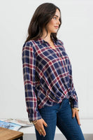 Blu Pepper - PLAID BUTTON DOWN WRAP FRONT TOP: NAVY MULTI