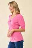 Doe and Rae - U-Ring Neck Puff Sleeve Rib Knit Top - 43084T: S / Fuchsia