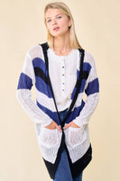 Doe and Rae - Multi Stripe Hoodie Cardigan - 10138J: M / Navy/Sunlight