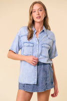 Doe and Rae - SHORT SLEEVE OVERSIZED DENIM BUTTON DOWN SHIRT - 43949T: DK.DENIM / L